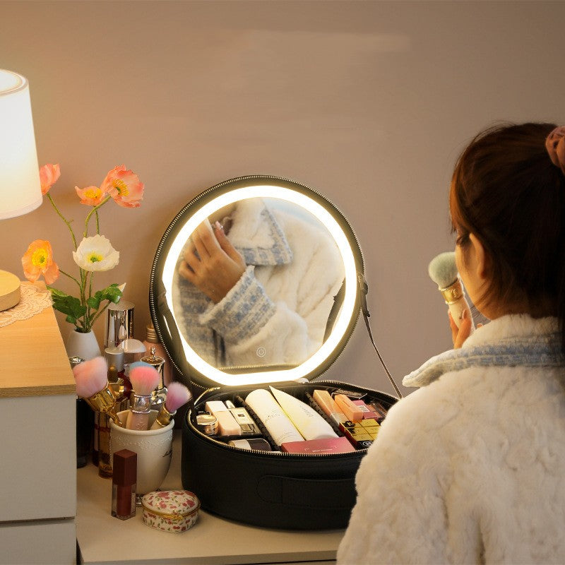 Circular Cosmetic Bag With Mirror And Light Large Capacity